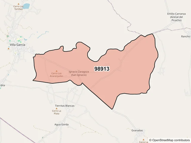 Mapa del código postal 98913, Villa García, Zacatecas