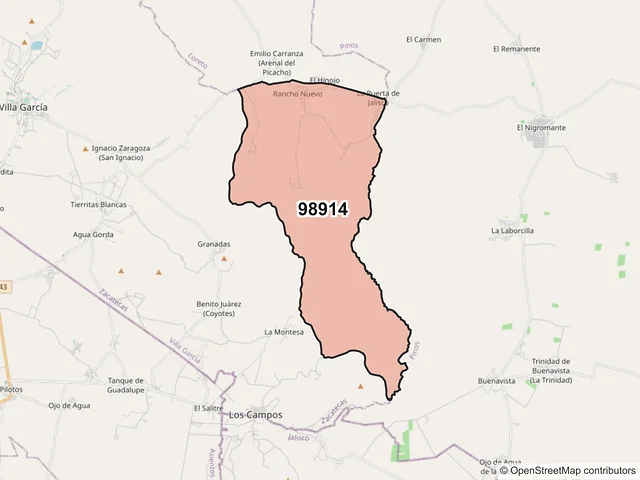 Mapa del código postal 98914, Villa García, Zacatecas