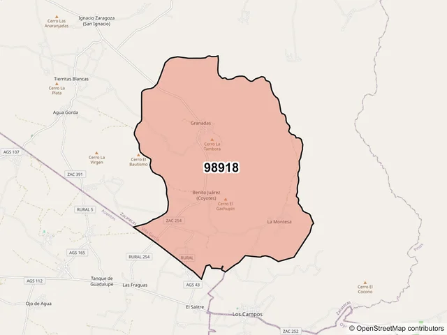 Mapa del código postal 98918, Villa García, Zacatecas