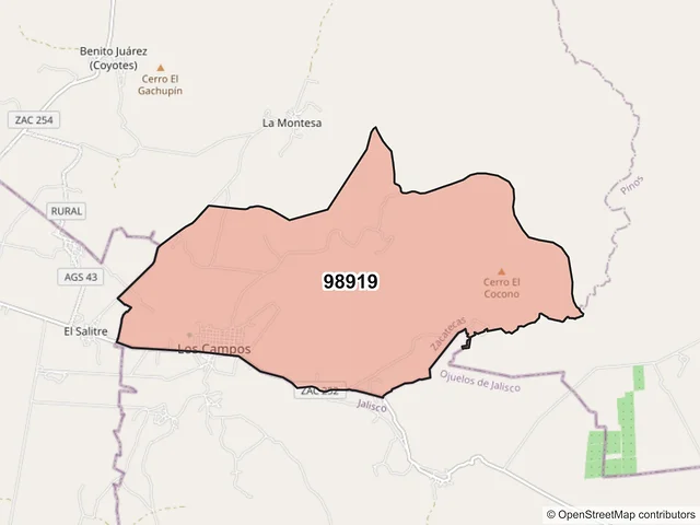 Mapa del código postal 98919, Villa García, Zacatecas