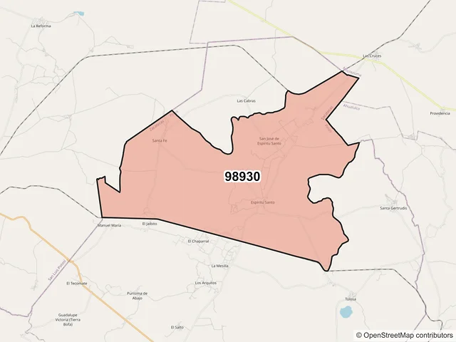 Mapa del código postal 98930, Pinos, Zacatecas