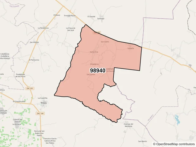 Mapa del código postal 98940, Pinos, Zacatecas