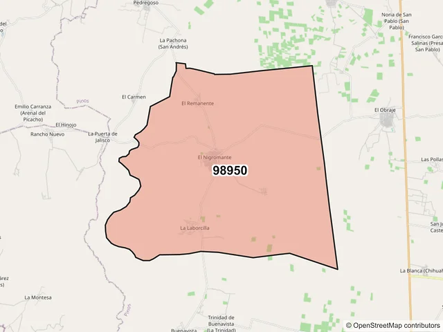 Mapa del código postal 98950, Pinos, Zacatecas