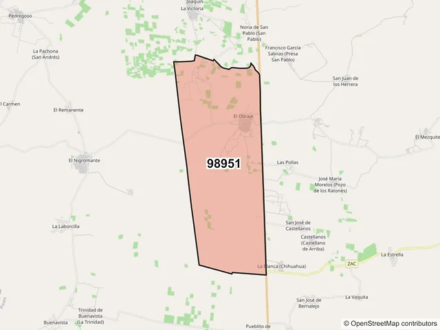 Mapa del código postal 98951, Pinos, Zacatecas