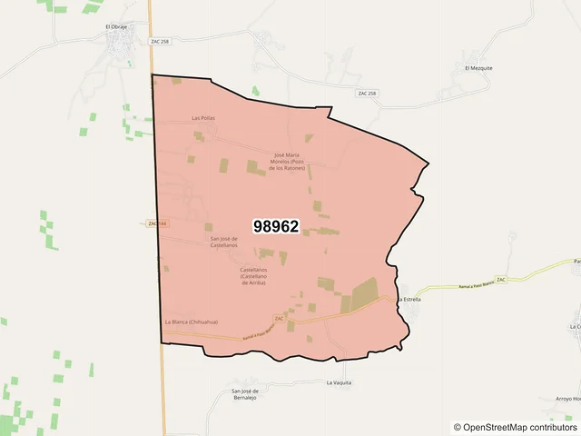 Mapa del código postal 98962, Pinos, Zacatecas