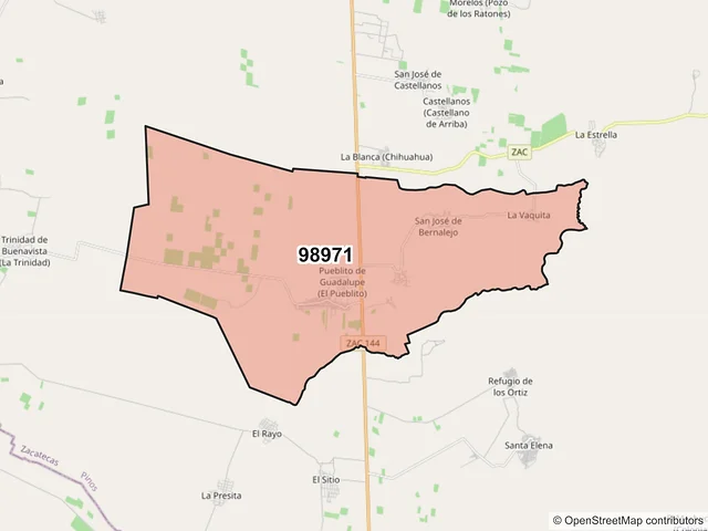 Mapa del código postal 98971, Pinos, Zacatecas