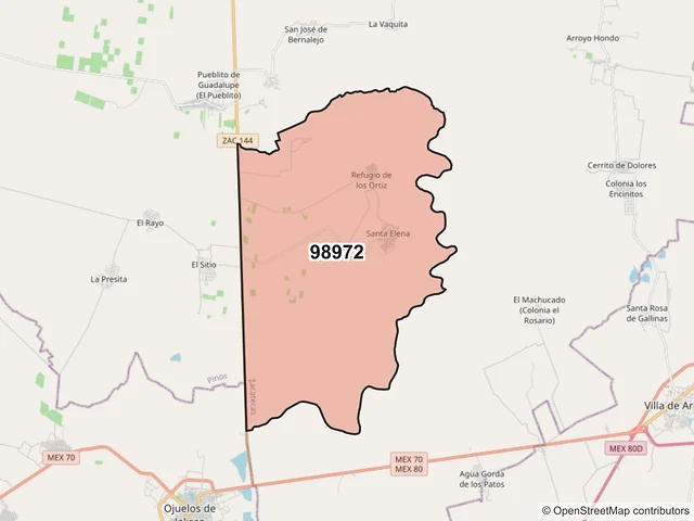 Mapa del código postal 98972, Pinos, Zacatecas