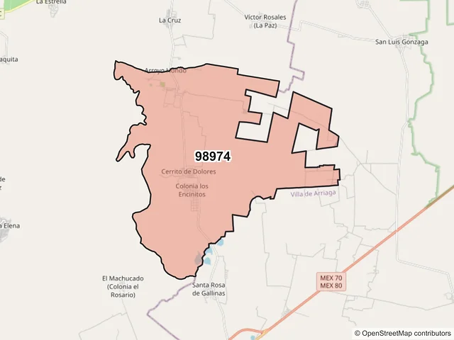 Mapa del código postal 98974, Pinos, Zacatecas