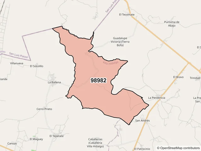 Mapa del código postal 98982, Villa Hidalgo, Zacatecas