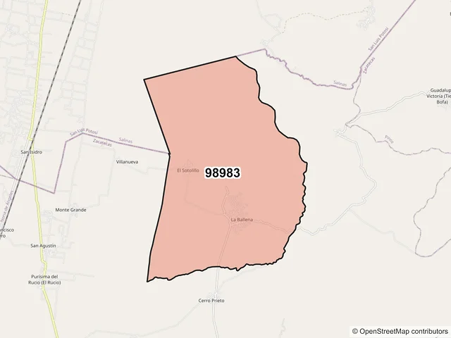 Mapa del código postal 98983, Villa Hidalgo, Zacatecas