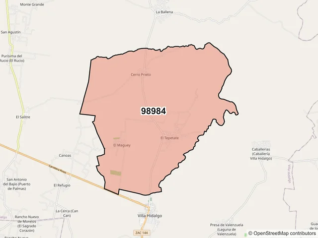 Mapa del código postal 98984, Villa Hidalgo, Zacatecas