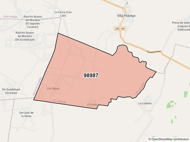 Mapa del código postal 98987, Villa Hidalgo, Zacatecas