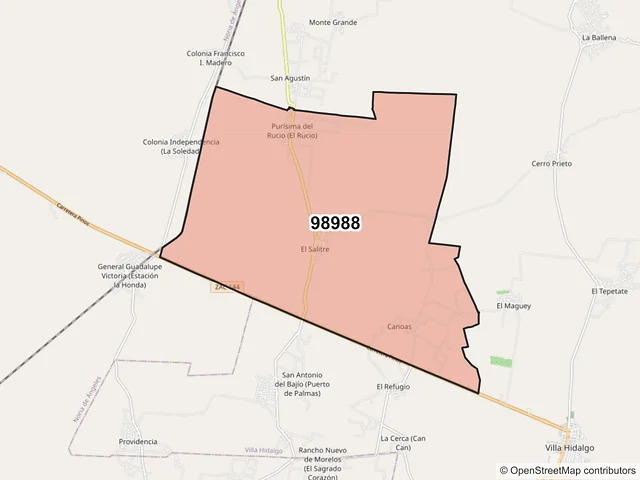 Mapa del código postal 98988, Villa Hidalgo, Zacatecas