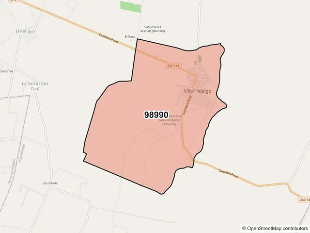 Mapa del código postal 98990, Villa Hidalgo, Zacatecas