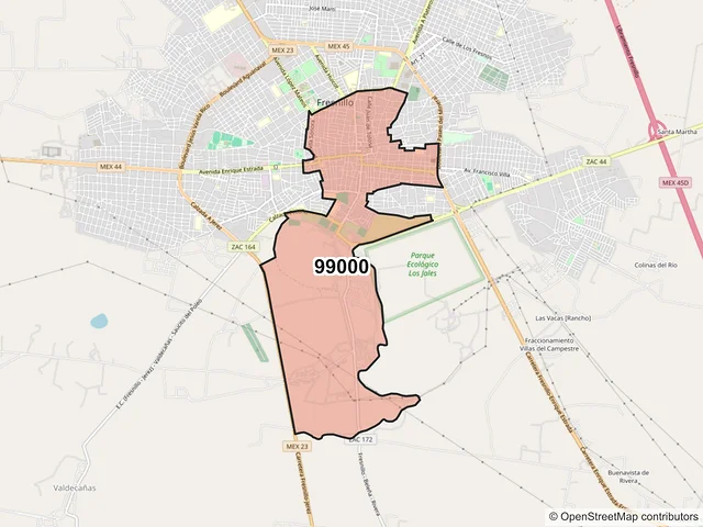 Mapa del código postal 99000, Fresnillo, Zacatecas