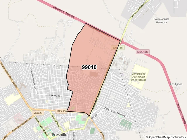 Mapa del código postal 99010, Fresnillo, Zacatecas