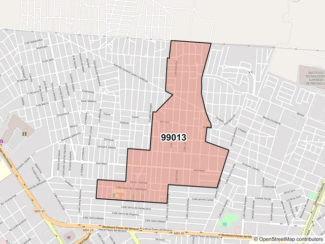 Mapa del código postal 99013, Fresnillo, Zacatecas