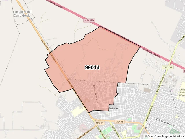 Mapa del código postal 99014, Fresnillo, Zacatecas