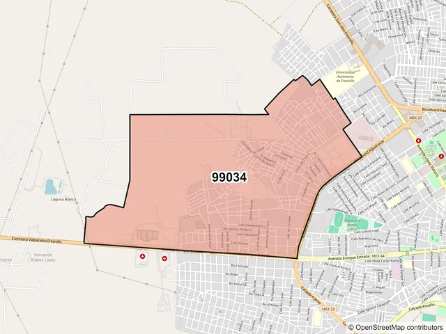Mapa del código postal 99034, Fresnillo, Zacatecas