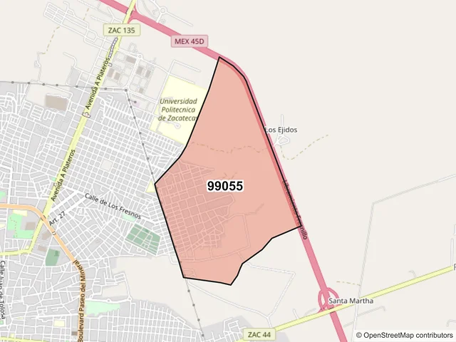 Mapa del código postal 99055, Fresnillo, Zacatecas