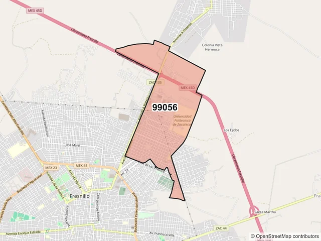 Mapa del código postal 99056, Fresnillo, Zacatecas