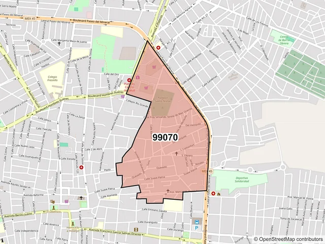 Mapa del código postal 99070, Fresnillo, Zacatecas