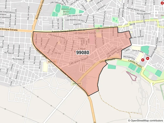 Mapa del código postal 99080, Fresnillo, Zacatecas