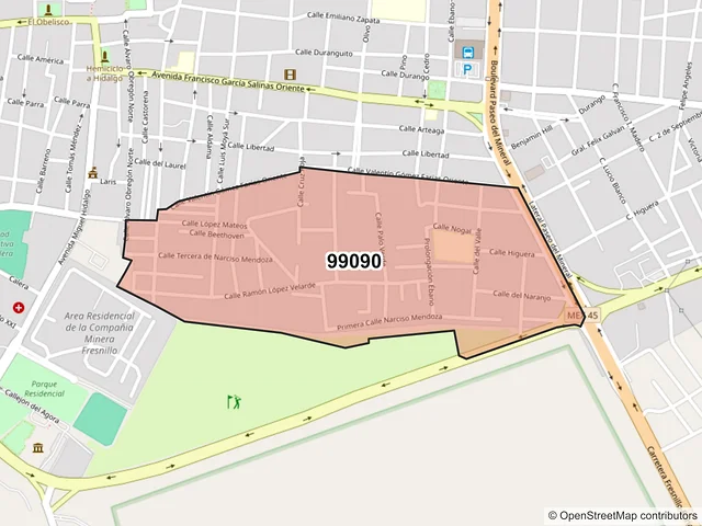 Mapa del código postal 99090, Fresnillo, Zacatecas