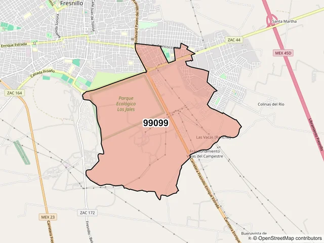 Mapa del código postal 99099, Fresnillo, Zacatecas
