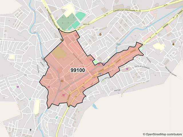 Mapa del código postal 99100, Sombrerete, Zacatecas