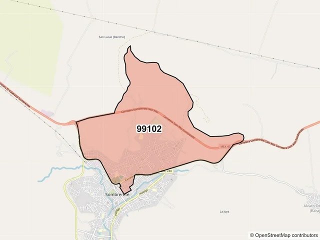 Mapa del código postal 99102, Sombrerete, Zacatecas