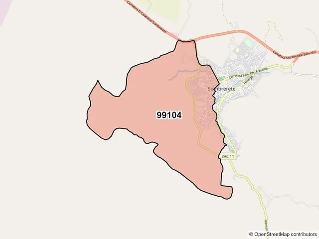Mapa del código postal 99104, Sombrerete, Zacatecas