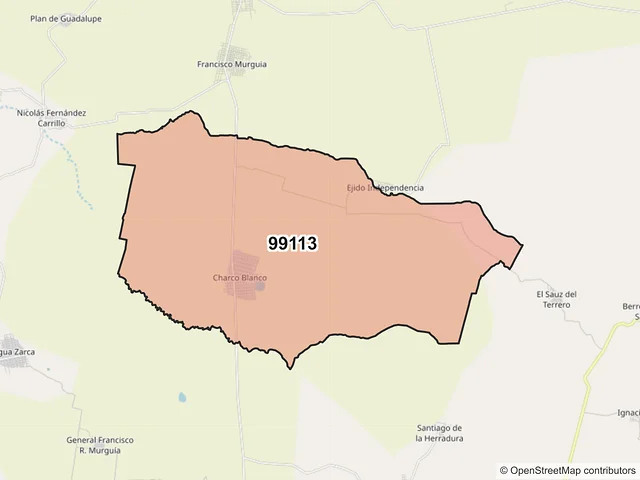 Mapa del código postal 99113, Sombrerete, Zacatecas