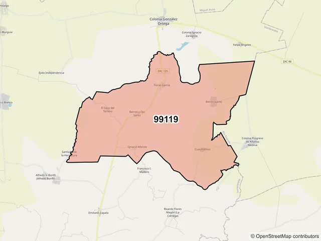 Mapa del código postal 99119, Sombrerete, Zacatecas