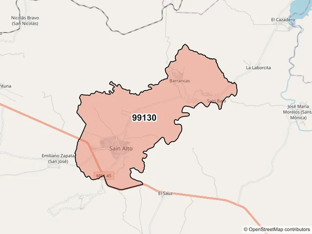 Mapa del código postal 99130, Sain Alto, Zacatecas