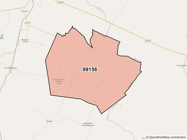 Mapa del código postal 99156, Fresnillo, Zacatecas