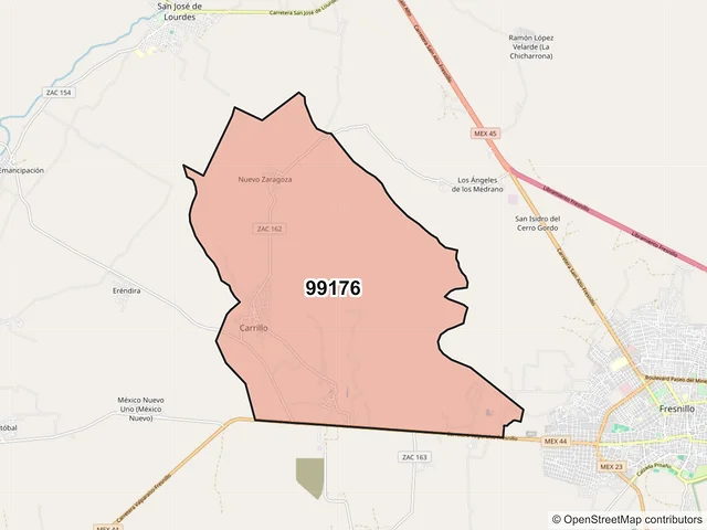 Mapa del código postal 99176, Fresnillo, Zacatecas