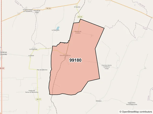 Mapa del código postal 99180, Fresnillo, Zacatecas