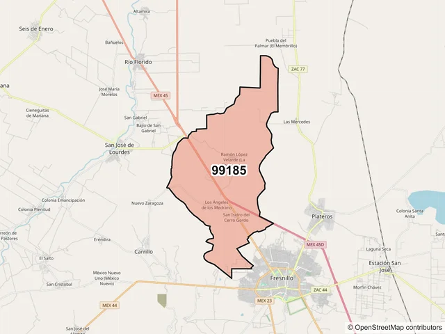 Mapa del código postal 99185, Fresnillo, Zacatecas