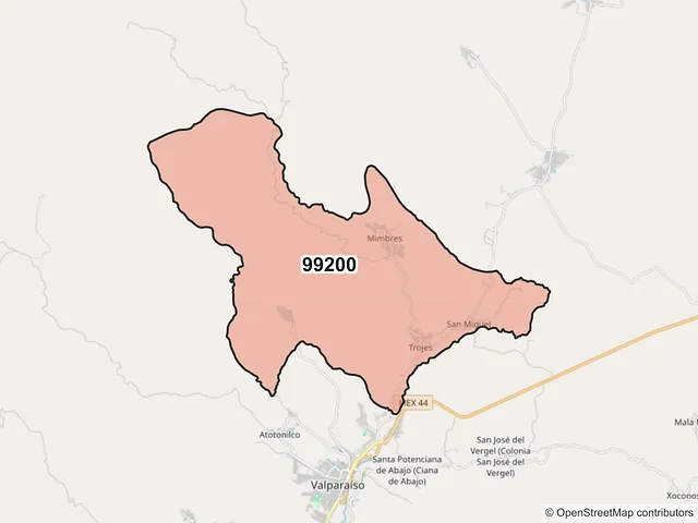 Mapa del código postal 99200, Valparaíso, Zacatecas