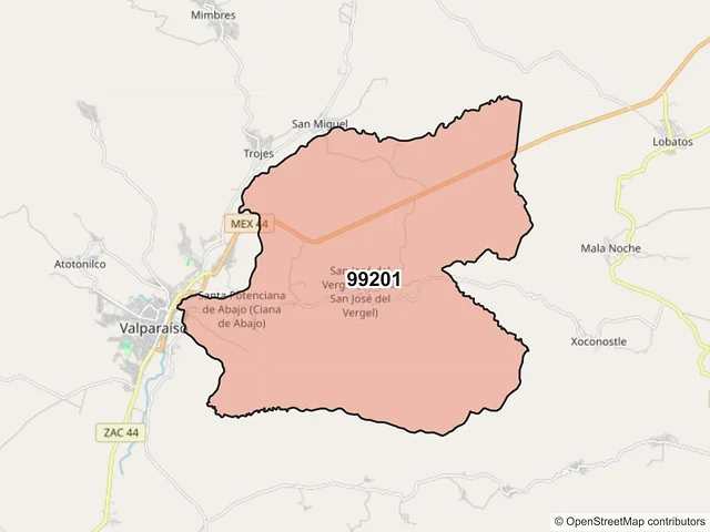 Mapa del código postal 99201, Valparaíso, Zacatecas