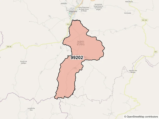 Mapa del código postal 99202, Valparaíso, Zacatecas
