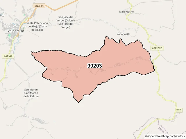 Mapa del código postal 99203, Valparaíso, Zacatecas