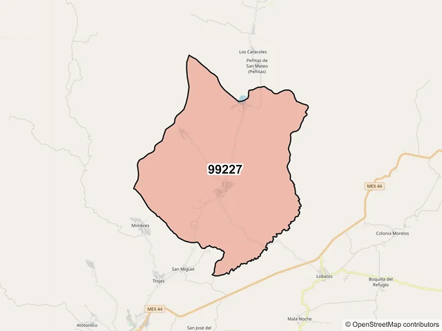Mapa del código postal 99227, Valparaíso, Zacatecas