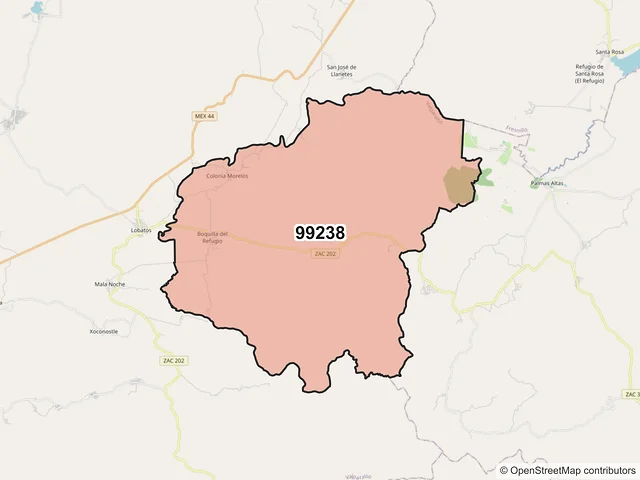 Mapa del código postal 99238, Valparaíso, Zacatecas