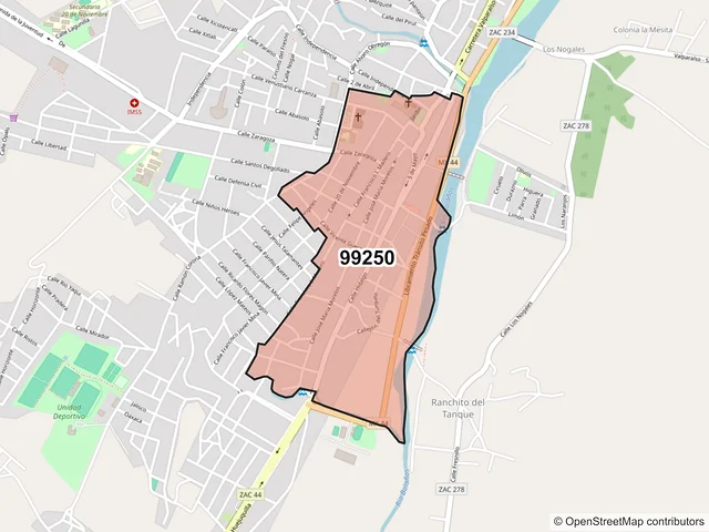 Mapa del código postal 99250, Valparaíso, Zacatecas