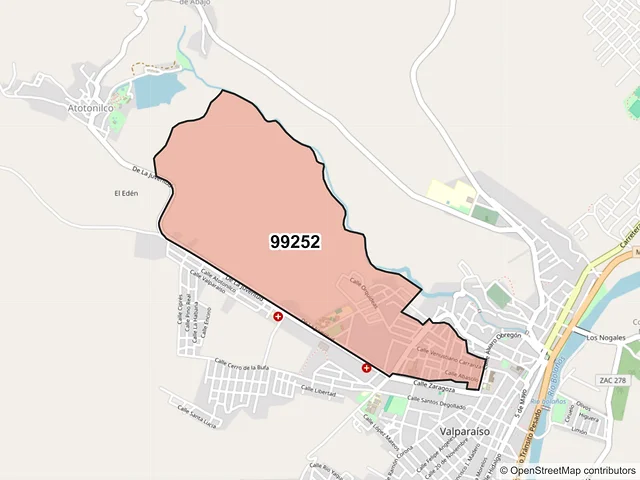 Mapa del código postal 99252, Valparaíso, Zacatecas
