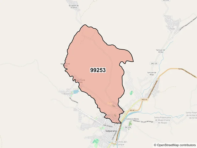Mapa del código postal 99253, Valparaíso, Zacatecas