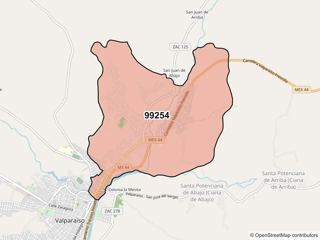 Mapa del código postal 99254, Valparaíso, Zacatecas