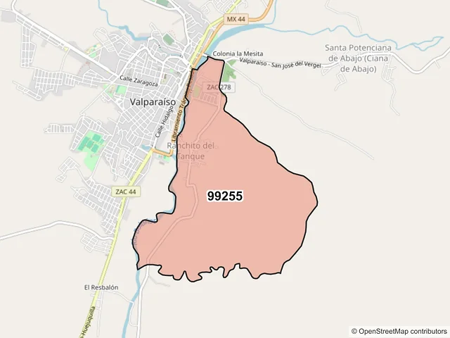 Mapa del código postal 99255, Valparaíso, Zacatecas